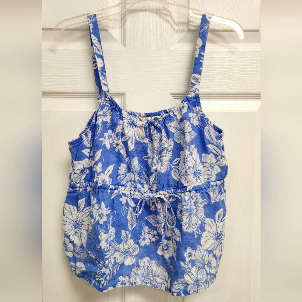 Blue Floral 100% Linen Tank Top XL